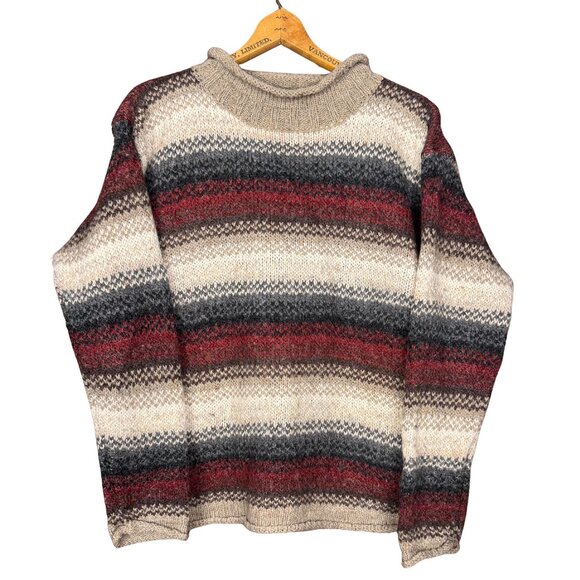 Vintage 90s Cabincore Knit Sweater, Cozy Striped Wool Blend, Earth Tone Pullover - Picture 1 of 7